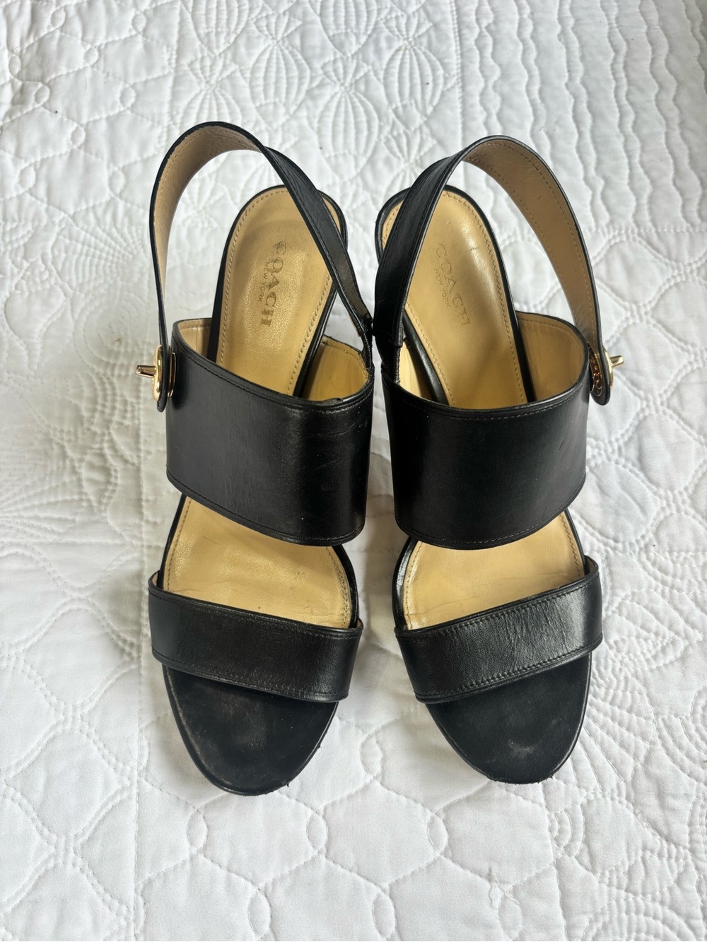 Coach Black Leather Wide-Strap Slingback Heels
